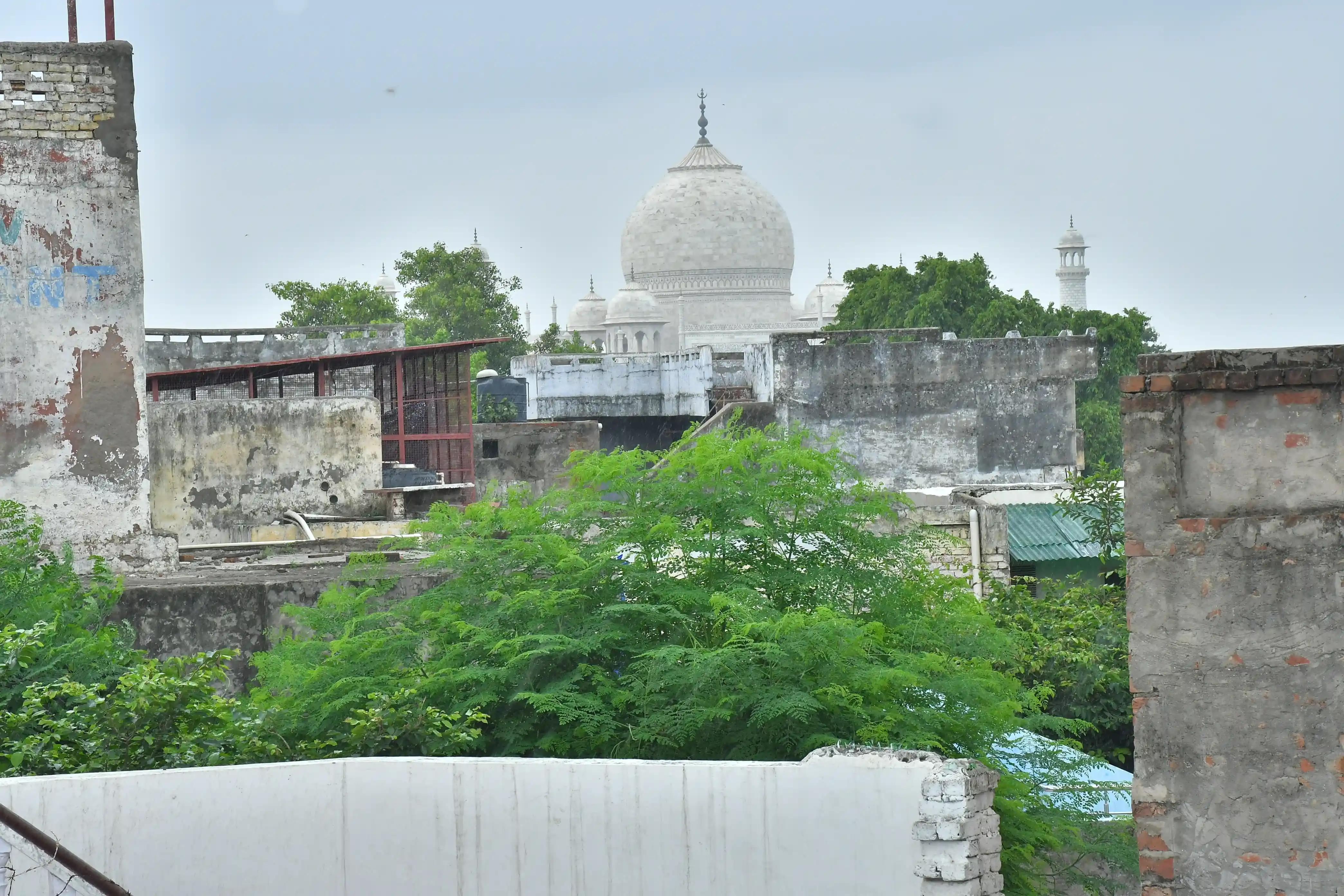 Terrace seating area at Hotel Sidhartha overlooking the Taj Mahal
